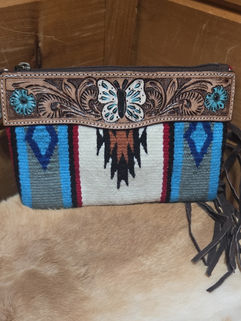 Aztec Leather Handtooling & Fringe Canvas Wristlet NWT